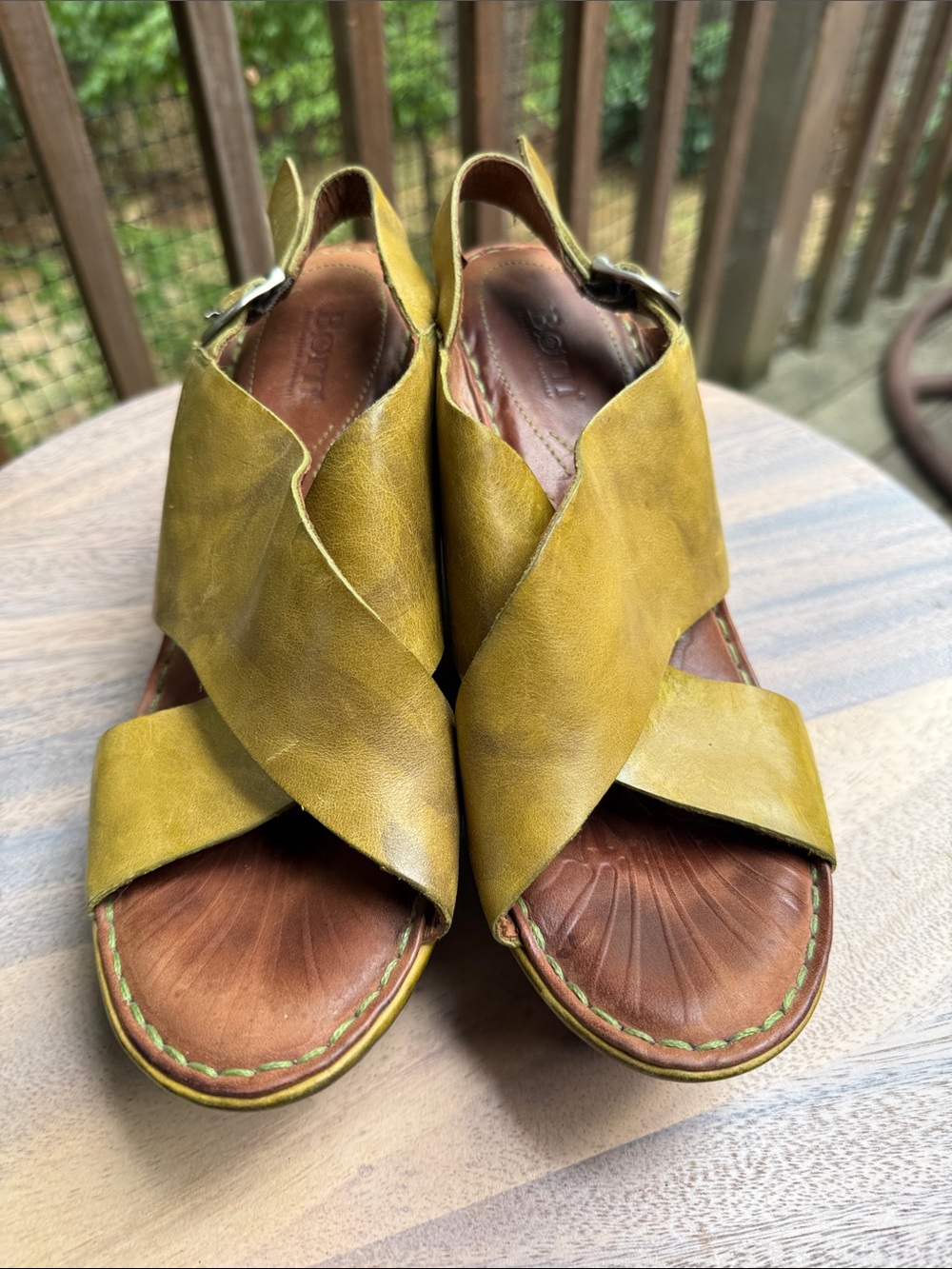 Born Chartreuse Leather Crossover Sandals